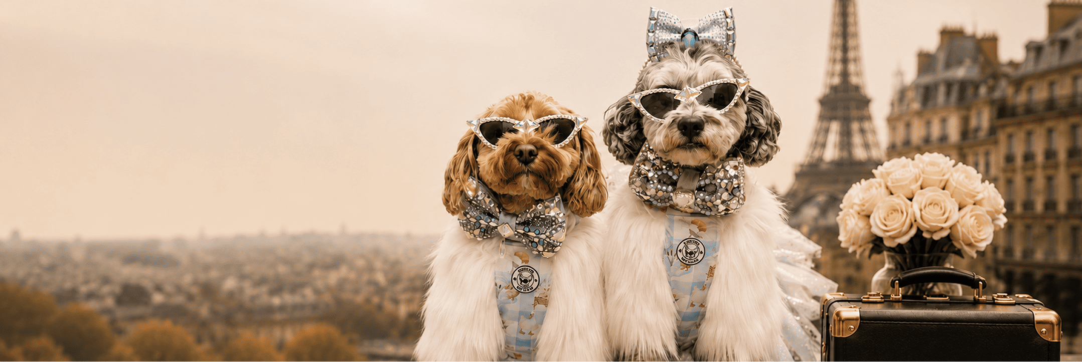 Angus and Layla Australian dog influencers and brand ambassadors in a luxury Paris campaign setting