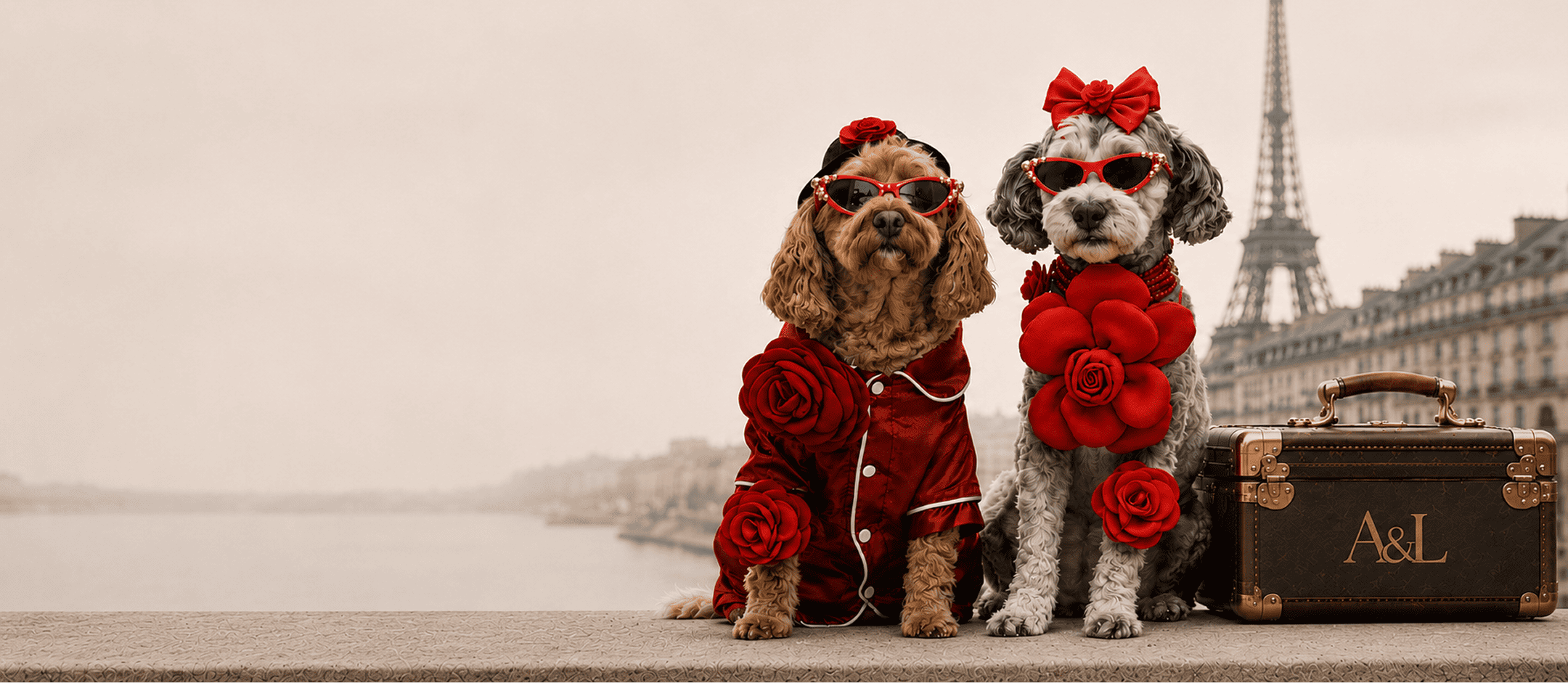 Angus and Layla Brisbane Cavoodle dog models wearing coordinated red fashion