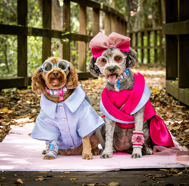 Two dogs wearing fashionable outfits, sunglasses, and pink accessories outdoors